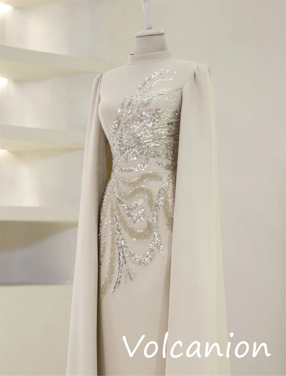Customized Modern Style Jersey Sequined Straight High Collar Midi Dresses Bespoke Occasion Exquisite