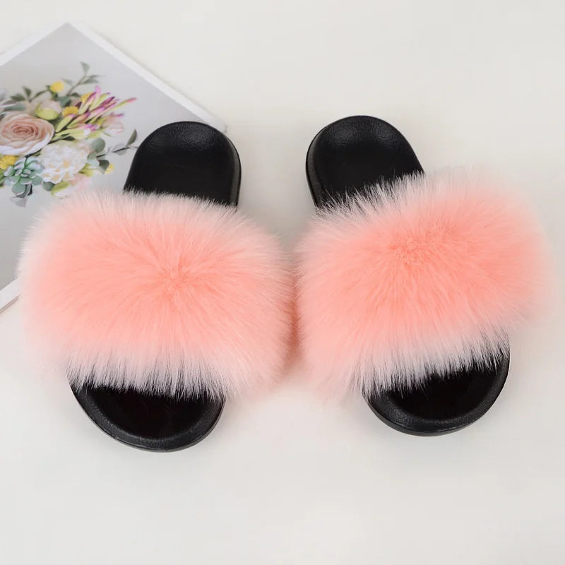 Women's Summer Faux Fur Fox Fur Slippers Fashion Luxury Indoor and Outdoor Non-Slip Solid Color Flat Bottom Furry Sandals