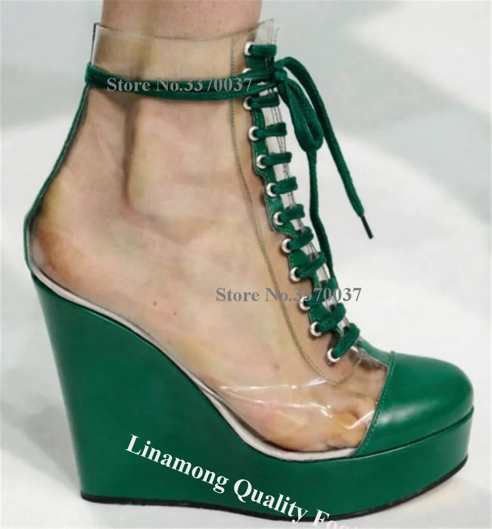 Linamong Transparent PVC Patchwork Black Matte Leather Wedge Short Boots Sexy Round Toe Lace-up High Platform Wedge Ankle Boots