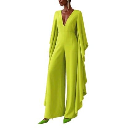 UOOZEE Women's Elegant Solid Color Deep V-Neck Party Jumpsuits 2026 New Flared Sleeve Loose High Waisted Wide Leg Evening Romper