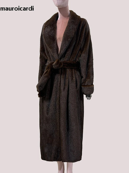 Mauroicardi Winter Long Thick Warm Brown Skirted Faux Mink Fur Coat Women Shawl Collar Sashes Elegant Luxury Furry Overcoat 2025
