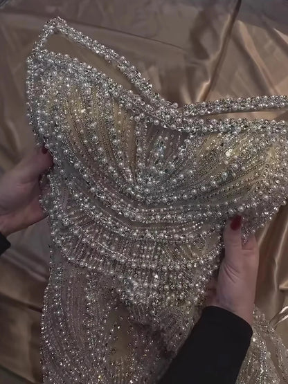 Serene Hill 2026 Luxury Saudi Arabic Nude Spaghetti Strap Pearls Beaded Evening Dress For Formal Occasion GLA73608 Customized