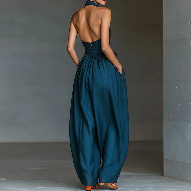 Chic Sexy Ciss Cross Halter Backless Jumpsuit Woman Spring Elegant Solid Tie Waist Romper Summer Hollow Wide Leg Pocket Overalls