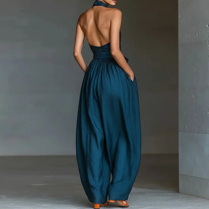 Chic Sexy Ciss Cross Halter Backless Jumpsuit Woman Spring Elegant Solid Tie Waist Romper Summer Hollow Wide Leg Pocket Overalls
