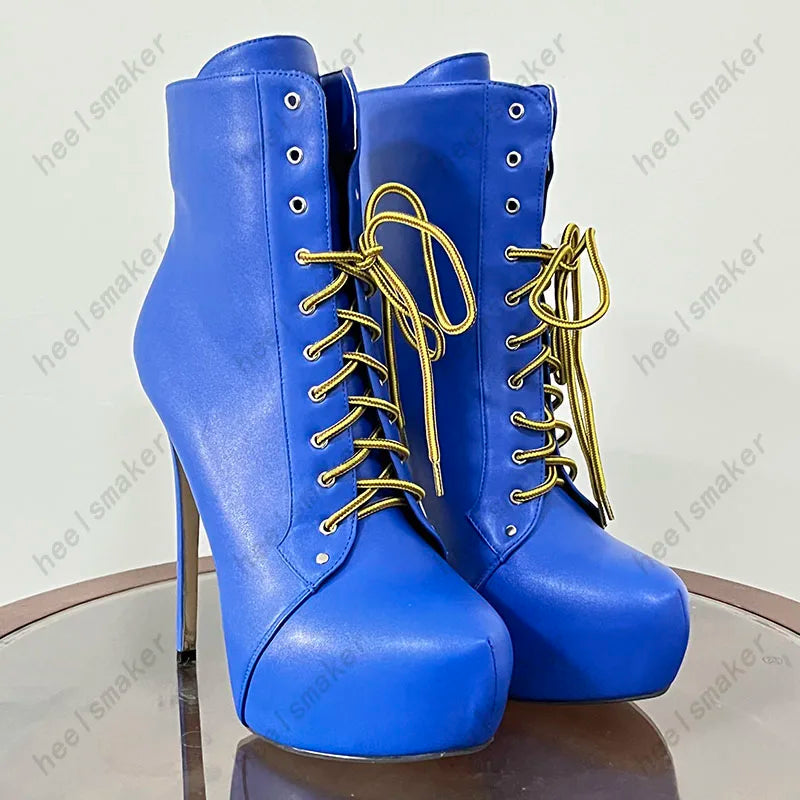 Sukeia Handmade Women Winter Ankle Boots Round Toe Sexy Stiletto Heels Pretty Blue Party Shoes Ladies US Plus Size 5-20