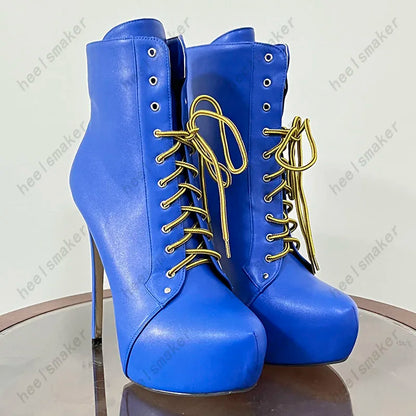 Sukeia Handmade Women Winter Ankle Boots Round Toe Sexy Stiletto Heels Pretty Blue Party Shoes Ladies US Plus Size 5-20