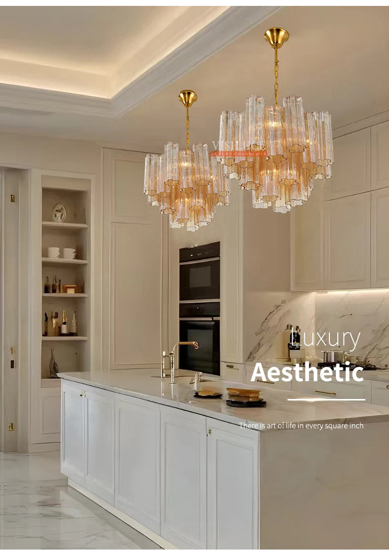 Round Murano Glass Ceiling Chandelier For Dining Living Room Bedroom Foyer Amber Glass Crystal Tube Hanging Chandelier Lights