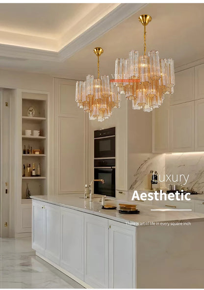 Round Murano Glass Ceiling Chandelier For Dining Living Room Bedroom Foyer Amber Glass Crystal Tube Hanging Chandelier Lights