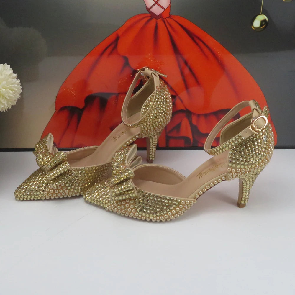 Champagne Golden Pearl Bridal Wedding shoes with matching bags woman Open Toe party dress shoes Platform shoes and bag
