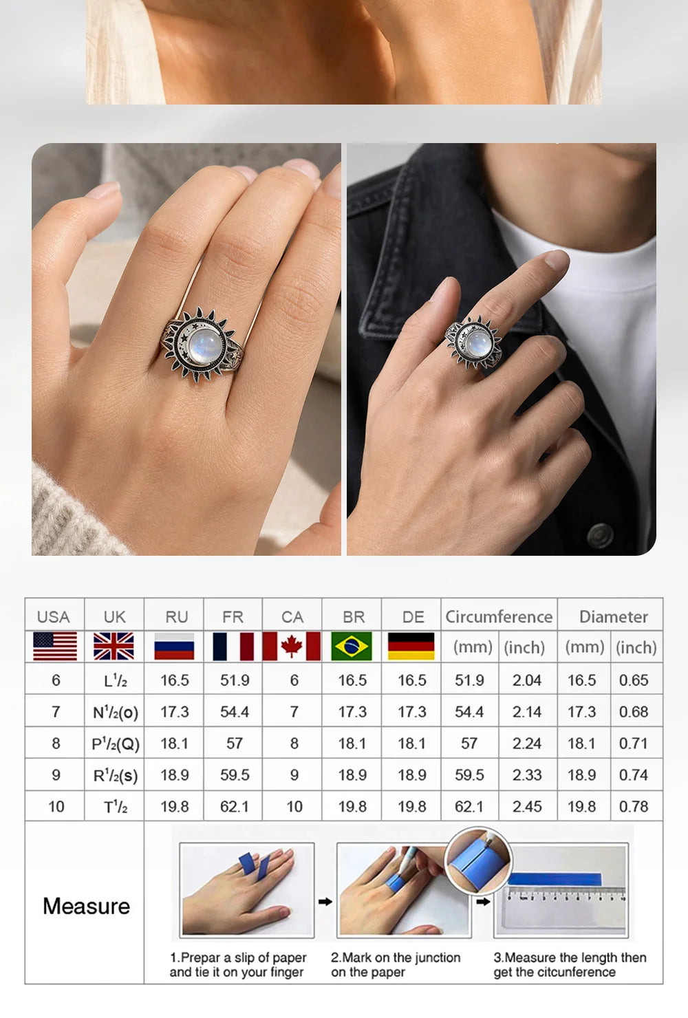 925 Sterling Silver Natural Moonstone Ring 8MM Bohemian Star Sun Moon Shape Ring Gothic Punk Style Party Gift for Women Men