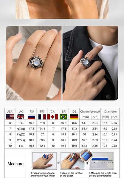 925 Sterling Silver Natural Moonstone Ring 8MM Bohemian Star Sun Moon Shape Ring Gothic Punk Style Party Gift for Women Men