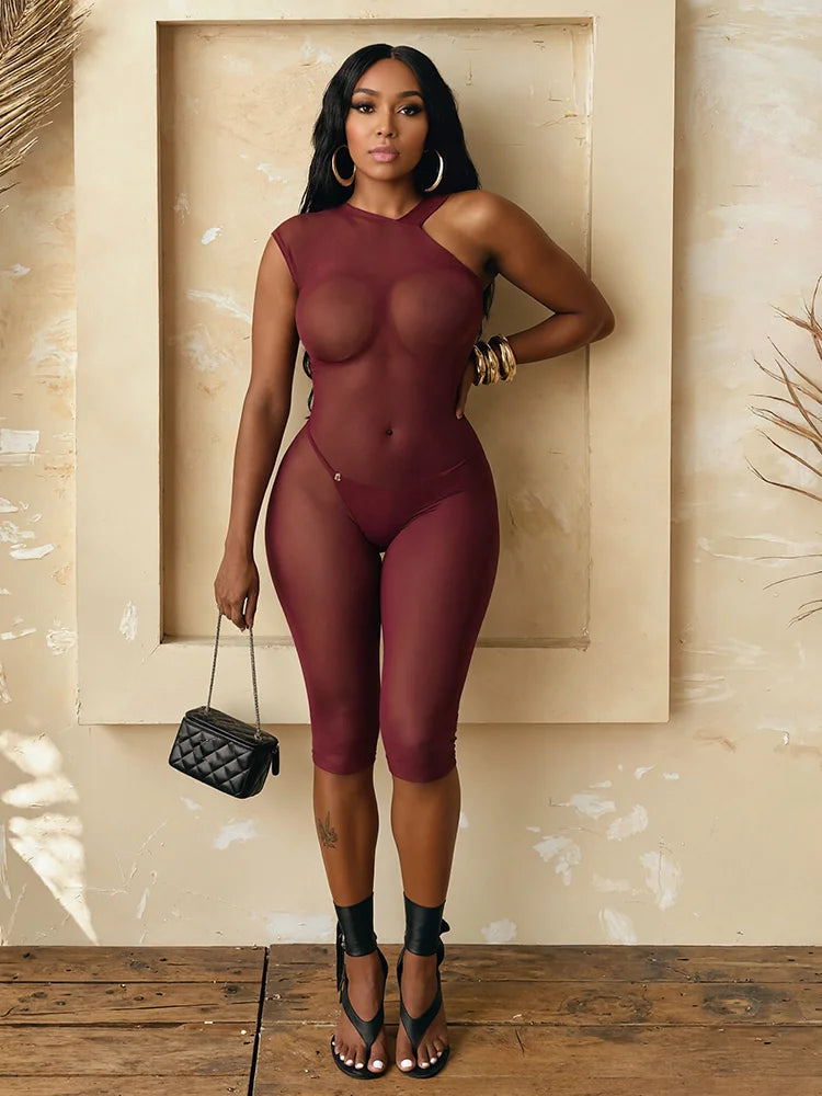 Weird Puss See Through Playsuits Women Solid Irregular Collar Skinny High Elasticity Sexy Midnight Hottie Summer Wild Romper