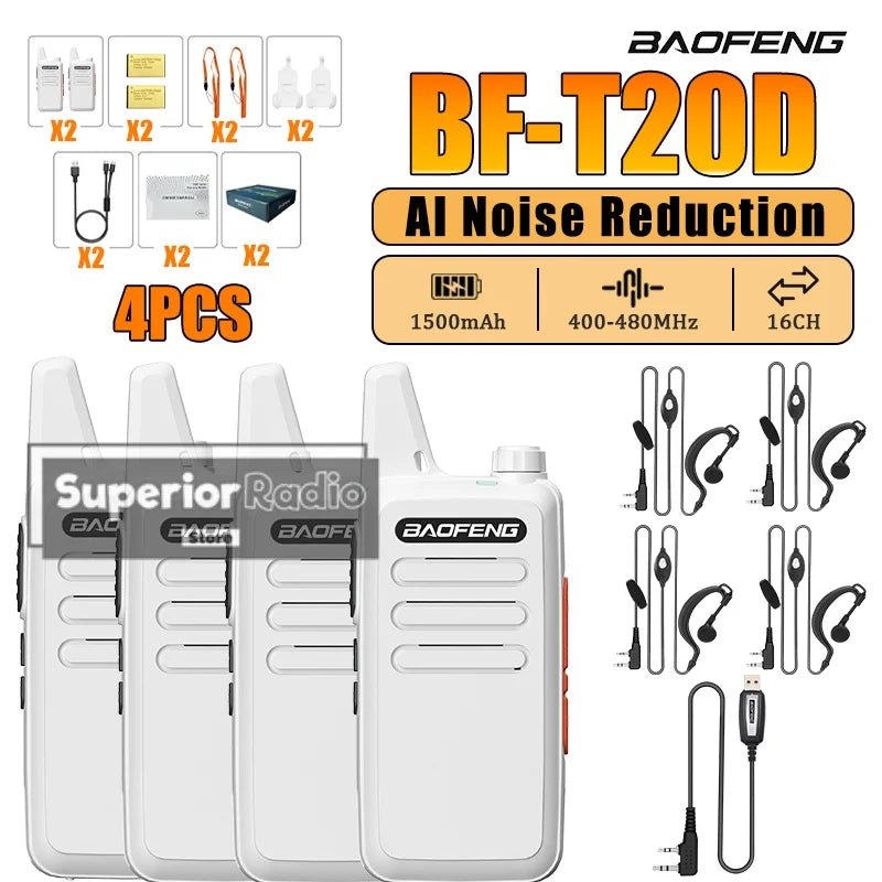 2/4PCS Baofeng BF-T20D Portable Walkie Talkie Type-C Charging 400-480Mhz AI Noise Reduction 16 Channels Mini Two Way Ham Radio