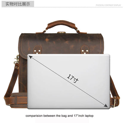 Vintage Crazy Horse Genuine Leather Men Briefcase Large Business Bag Tote Office Bag 15.6“Laptop Case Attache Male Shoulder Bag