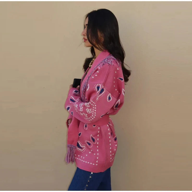 Gem Print Knit Tassel Cardigan Lapel Tie Loose Long Sleeve 2026 Autumn Chic Women Boho Street Daily Fashion Ladies Knitwear