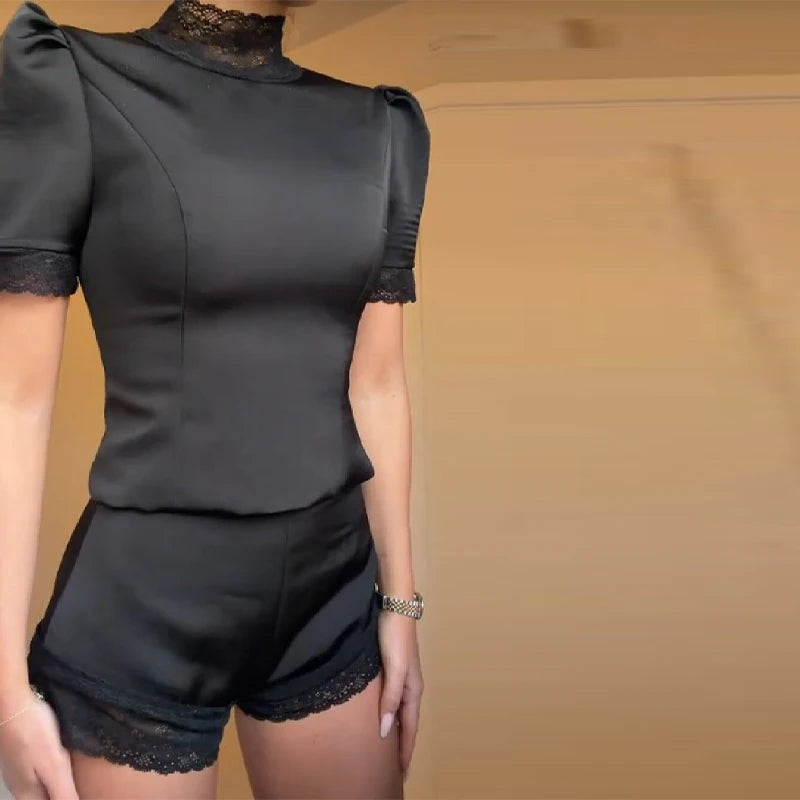 New Satin Lace Edge Top Short Sets Lace High Neck Padded Shoulder Blouse Low Waist Shorts 2026 Lady Spring Summer Party Outfits