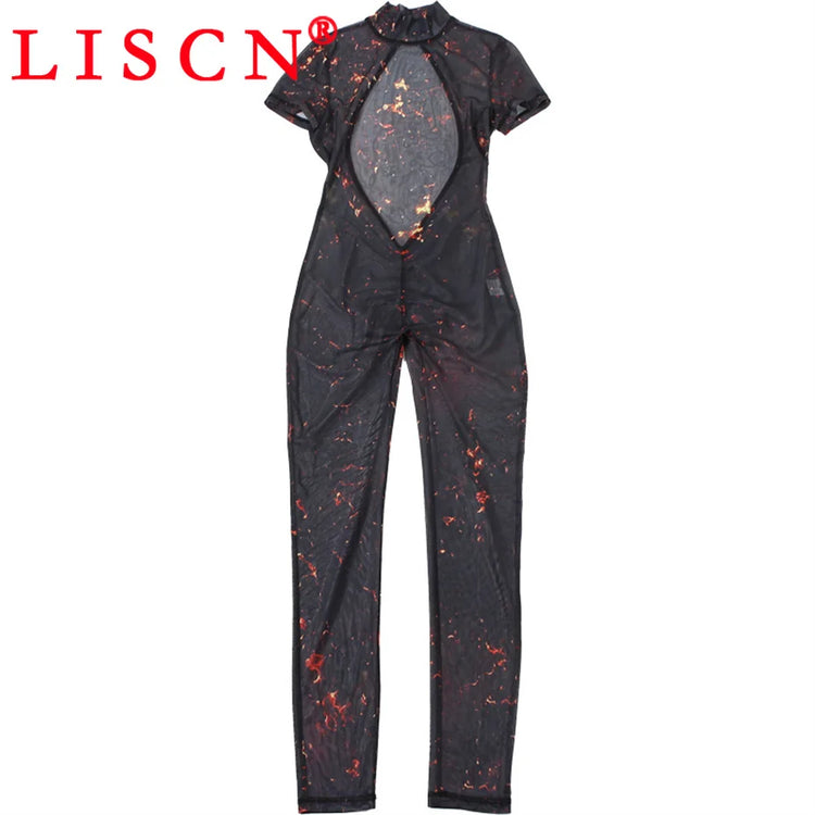 10 Wholesale Items Jumpsuits Women Summer 2025 Short Sleeve Bodycon Sexy Y2k Printing Mesh See Through Backless Rompers K15151