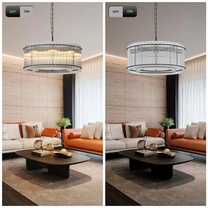 37" Modern Black Round Chandelier,2-Tier 8-Light Water Ripple Crystal Glass Chandeliers,for Dining Room,Living Room,Bedroom