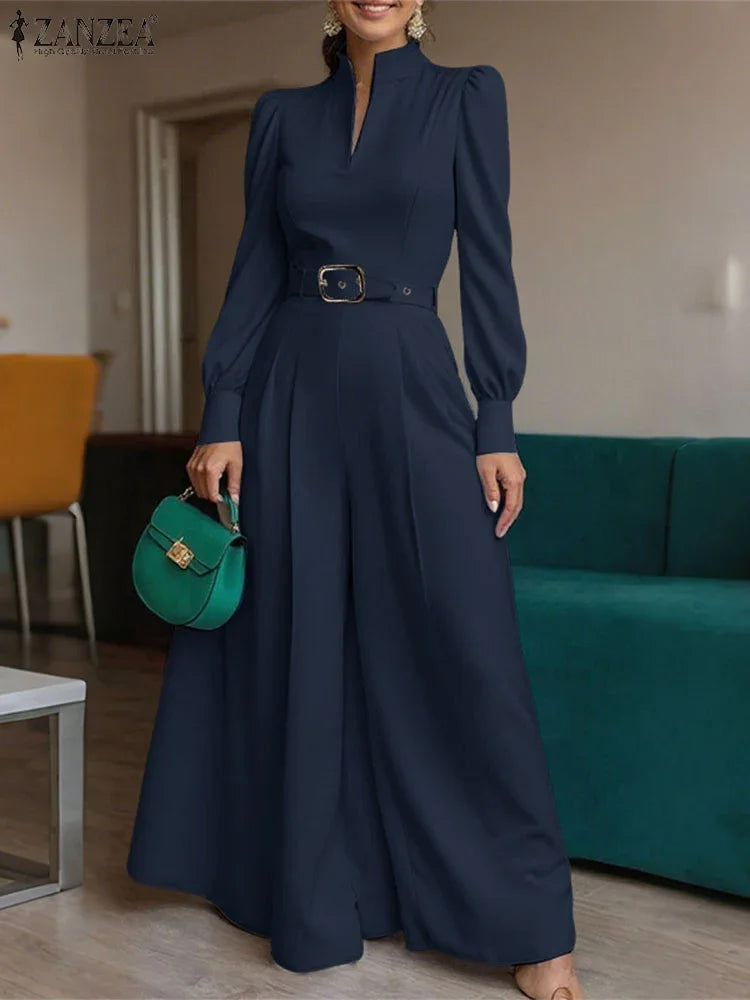ZANZEA Fashion Women Jumpsuits 2026 Spring Overalls Pants Elegant OL Work Wide Leg Trousers V Neck Long Sleeve Romper Streetwear