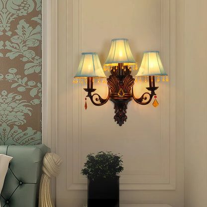 Retro American European Iron Art Red Cloth Crystal Wall Lamp for Hall Restaurant Bedroom Walkway Hotel Bar Decorative Wall Light