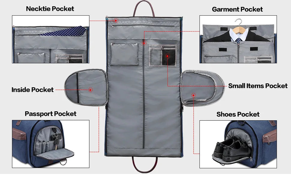 Portable clothing luggage bag, convertible business travel suit handbag, with shoulder strap / weekend daily travel bag