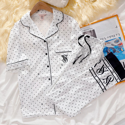 Victoria's Secret Suit Womens Silk Satin Pajamas Set Short Sleeve Shorts Sleepwear Loungewear Soft Breathable Button Down Pyjama