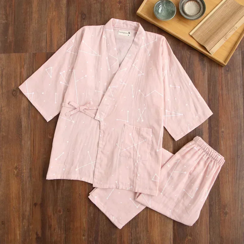 2026 new seven-sleeve Japanese-style kimono pajamas set female spring and autumn 100% cotton gauze home clothes cute sweet two-p