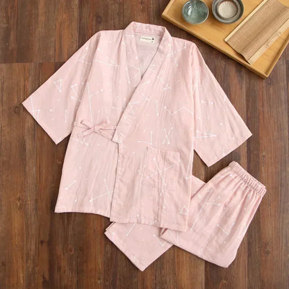 2026 new seven-sleeve Japanese-style kimono pajamas set female spring and autumn 100% cotton gauze home clothes cute sweet two-p