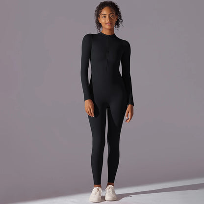 Solid Sports Jumpsuit Fashion Zipper Long Sleeve Fitness Overalls Women Sportswear Quick-dry Gym Yoga Jumpsuit