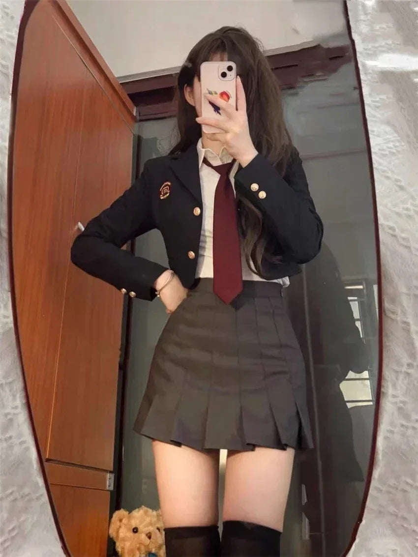 Daily Korean JK Uniform Set College Style Girls Short Suit Blazer Navy Coat Wrap Hip Skirt Tie Shirt Hot Girl Set Spring Autumn