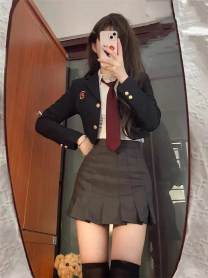 Daily Korean JK Uniform Set College Style Girls Short Suit Blazer Navy Coat Wrap Hip Skirt Tie Shirt Hot Girl Set Spring Autumn