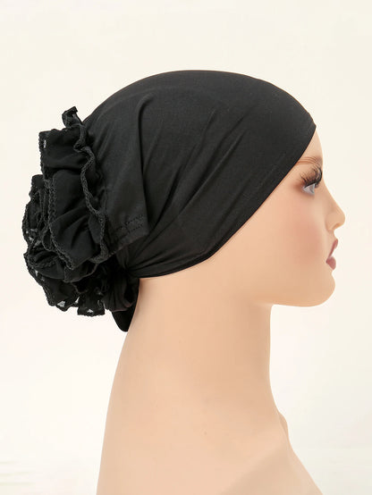 Muslim Women's Hijabs with Lace Chiffon Panhua Solid Color Thin Bottom Hat Islam Head Wrapping Tie Back Turban Female Headband