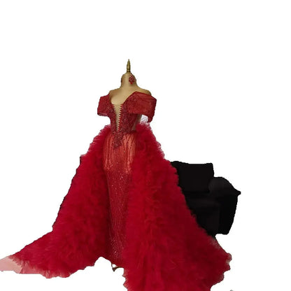 Charm Red Ruffled Tulle Maxi Skirts Puffy A-line Ruffle Layered Party Evening Ball Gown Skirt High Waist Detachable Overskirt
