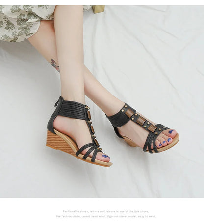 High quality leather flat sandals for women 5cm mid heel with beading summer 2026 36 42 open toe casual vintage shoe black beige