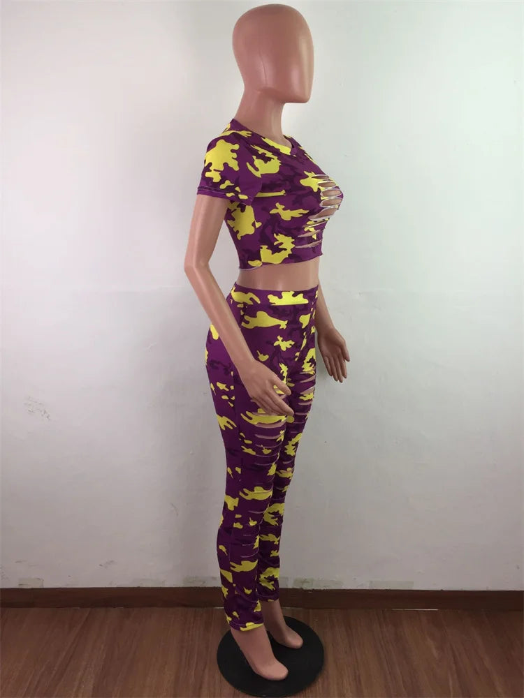 Wmstar Women Two Piece Set Summer Sexy Sport Fashion Casual Ripped Sweatshirt Sweat Camouflage Print Pant Sets Outfit Tracksuit