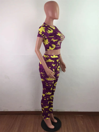 Wmstar Women Two Piece Set Summer Sexy Sport Fashion Casual Ripped Sweatshirt Sweat Camouflage Print Pant Sets Outfit Tracksuit