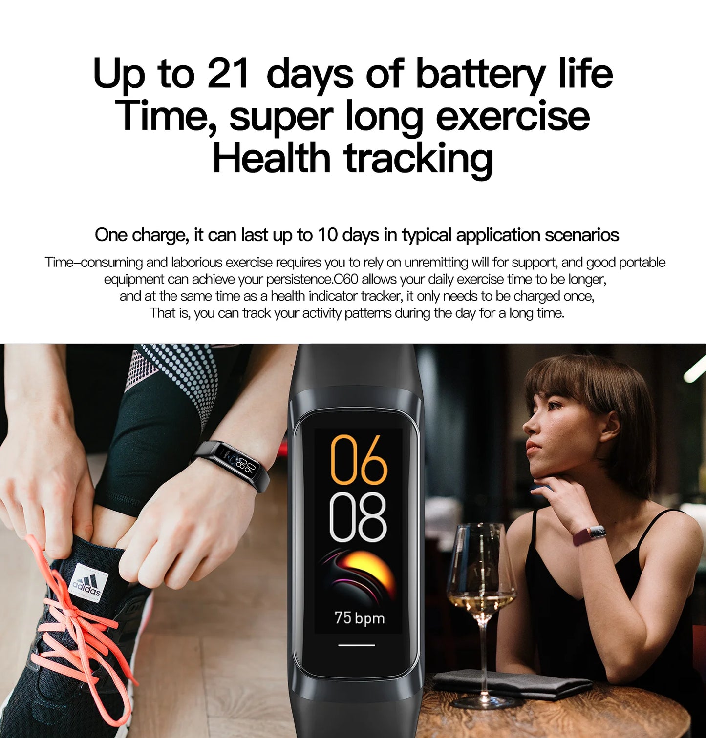 LIGE 1.1 Inch Amoled Heart Rate Monitor Smart Bracelet Wristband Slim Smart Watch Men Women Waterproof  Fitness Tracker Band