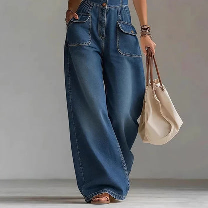 Elegant High Street Denim Suspender Jumpsuit Casual Sleeveless Pockets Straight   Party Playsuits Fashion Single-breasted Romper