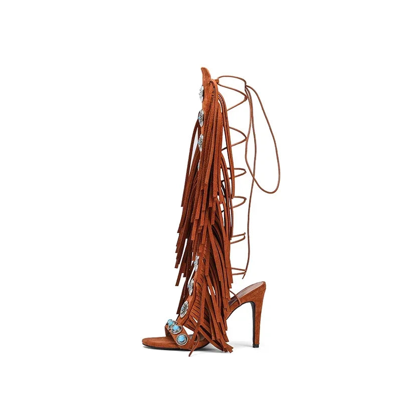 Sandalias Mujer  2025 Summer Women Sandals Peep Toe Sexy Lace Up Knee High Shoes Zapatos De Mujer High Heels