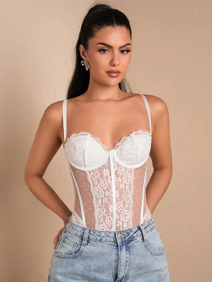 Lace Edge Bodysuits Women Slim Jumpsuits Summer Fashion Sexy Lingеrie Halter Bodyshaper Nightclub Breathable Mesh Shapewear Tops