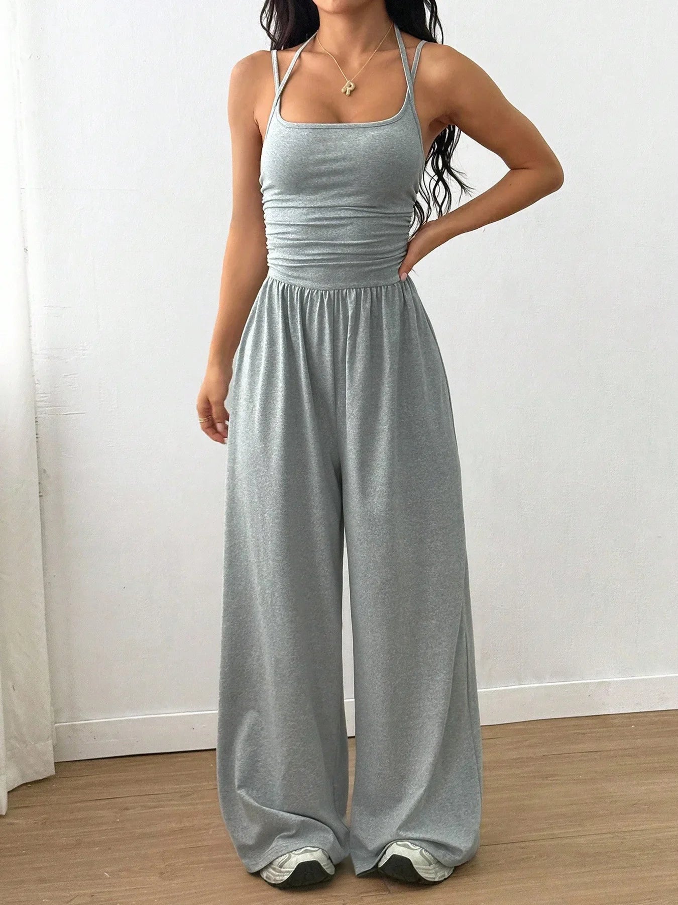 Women Halter Spaghetti Strap Jumpsuits Summer Casual Elastic High Waist Backless Wide Leg Long Pants Romper Club Party Overalls