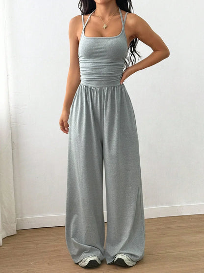 Women Halter Spaghetti Strap Jumpsuits Summer Casual Elastic High Waist Backless Wide Leg Long Pants Romper Club Party Overalls