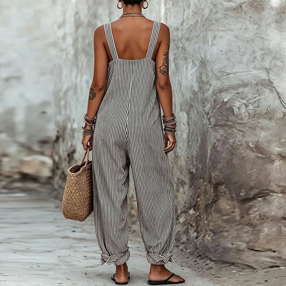 Summer Sleeveless Long Pants Jumpsuit Women Casual Striped Printed Pocket Playsuits For Women Fashion Loose Rompers Blue