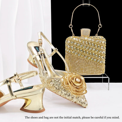 Queena Yan Nigerian Gold Color Party for Women Shoes and Bag Mixed Package Sequins Handbag Italian Design Wedding