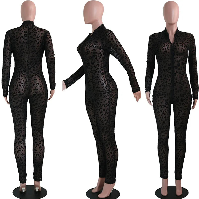 Flocking Leopard Night Party Rompers Womens Jumpsuit One Piece Club Outfit See Through Long Sleeve Zip Skinny Jumpsuits Overalls