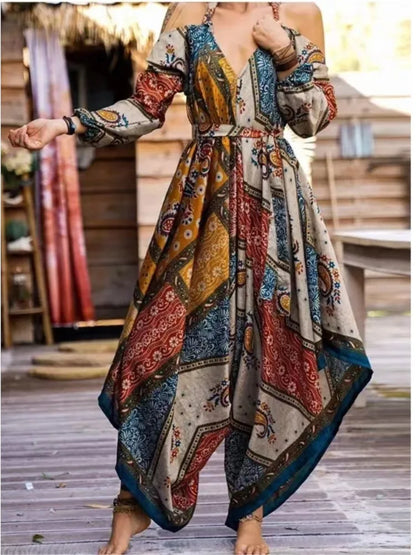 Sexy Women's Spaghetti Strap Skirt Jumpsuit Spring Vintage Print Long Sleeve Harlan Pocket Wide Leg Pants Loose Rompers Women