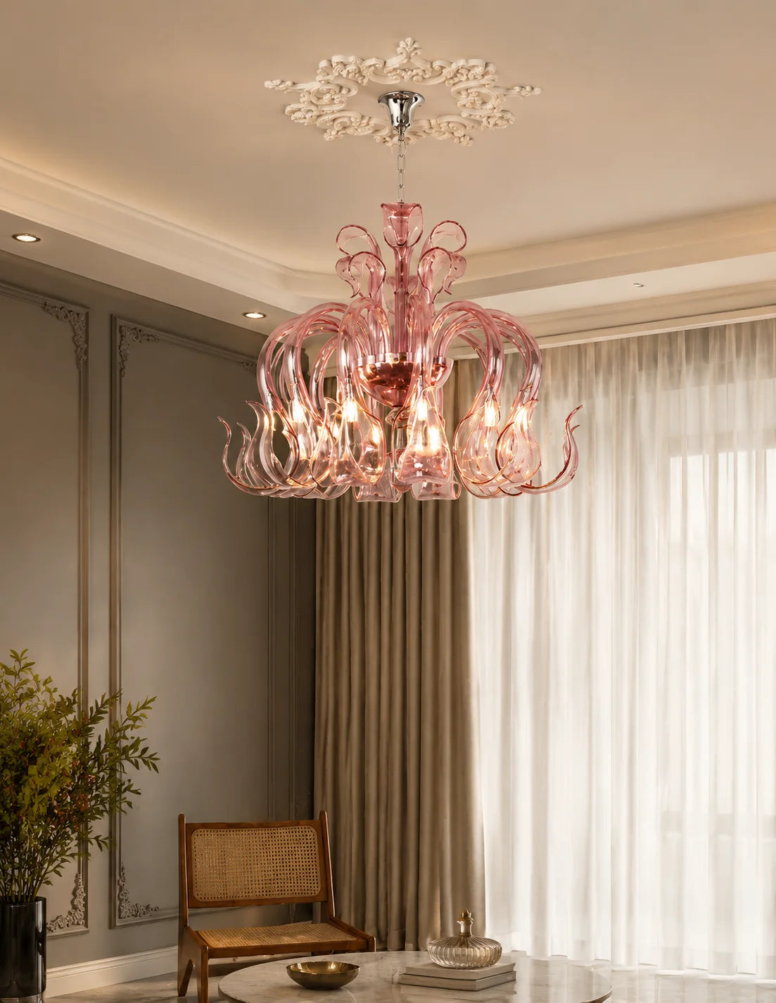 Pink Glass Swan Chandelier Luxury French Style LED Pendant Light for Living Room Bedroom Dining Room Home Decor