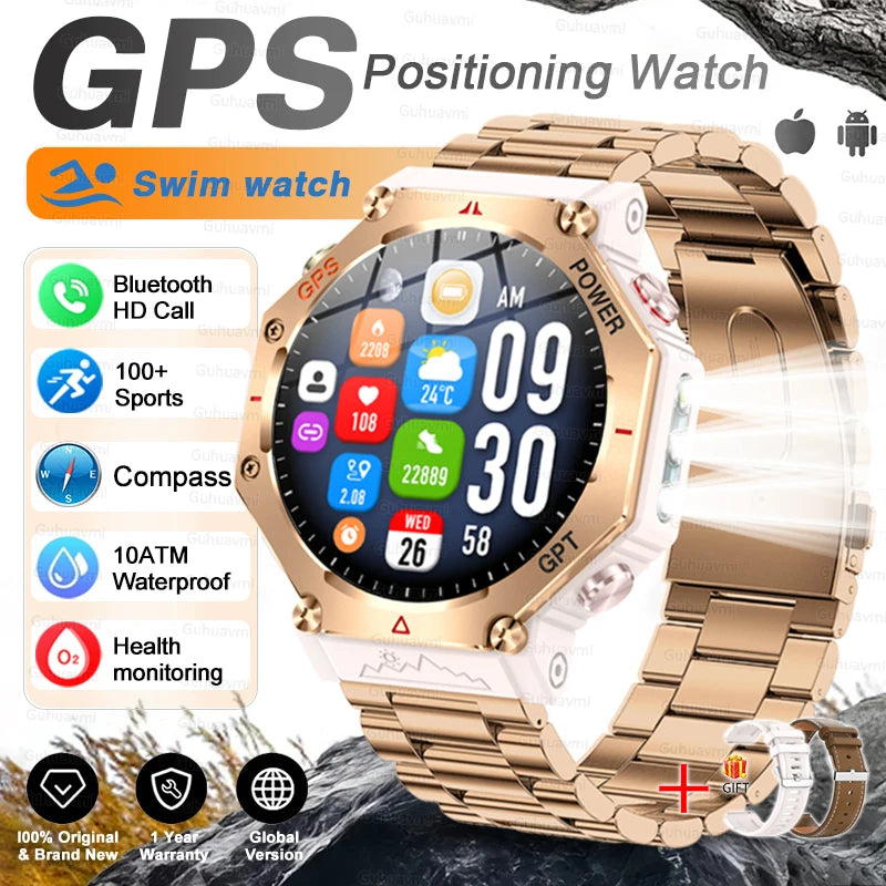New Military Real GPS Smart Watch Men 10ATM IP69K Waterproof Swim Sports Watches Flashlight Bluetooth Call AMOLED HD Smartwatch