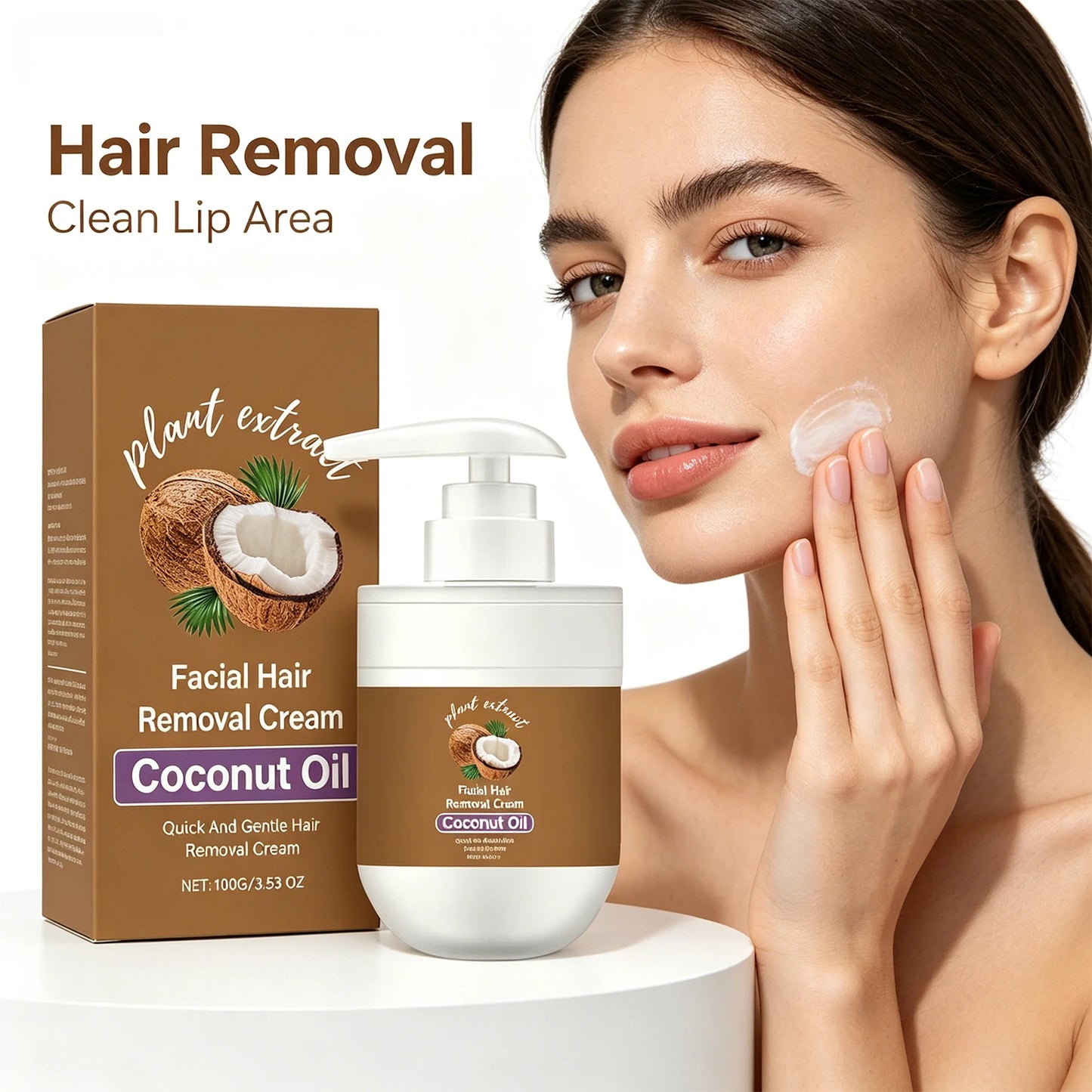 Coconut Oil Hair Removal Cream Face Fast Hair Remover Painless Nourishing Smooth Skin  Gentle Formula Non Greasy Dry Skin 100g