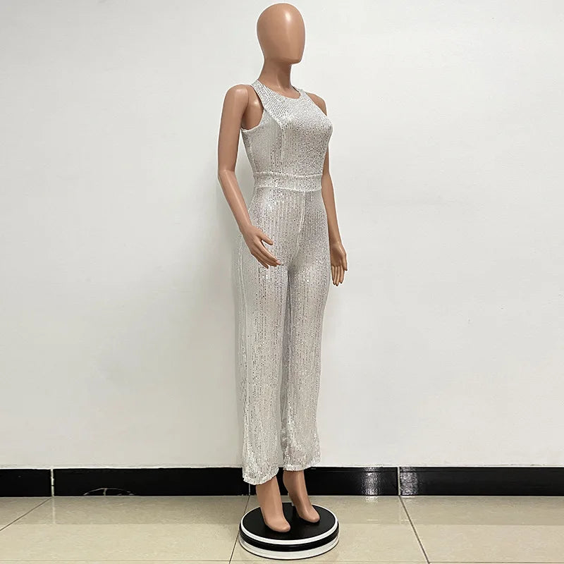 Bling Bling Sequined Club Jumpsuit Sexy Women O-neck Elegant Shiny Sliver Gold Sequins Straight Romper Overalls